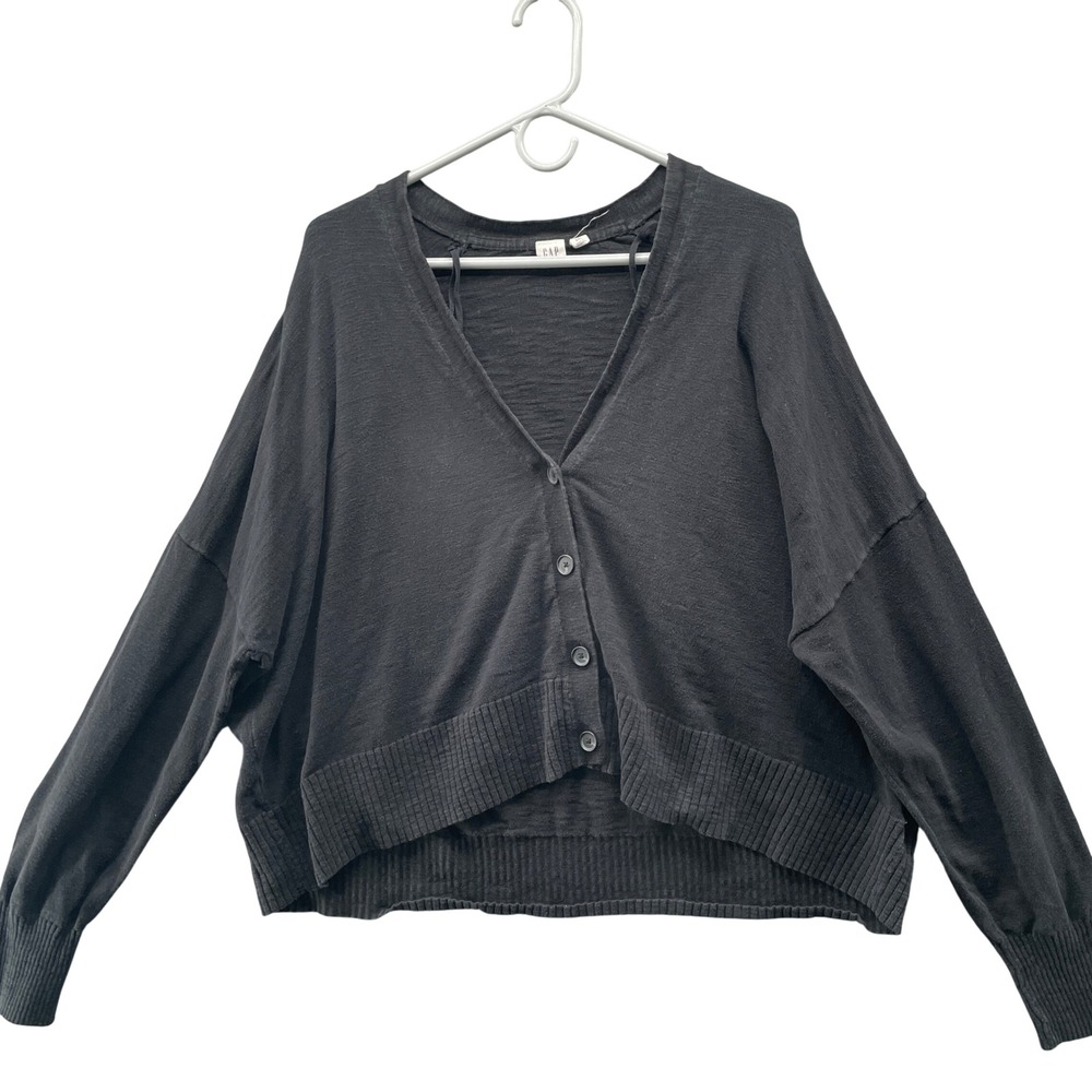 Gap Cropped Boxy Cardigan Womens XXL Black V-Neck Button Front‎ Cotton